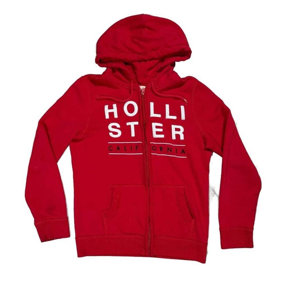 Hollister California Logo Red Zip-Up Hoodie Fleece Sweatshirt XS